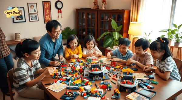 Người lớn và trẻ em chơi đồ chơi Lego